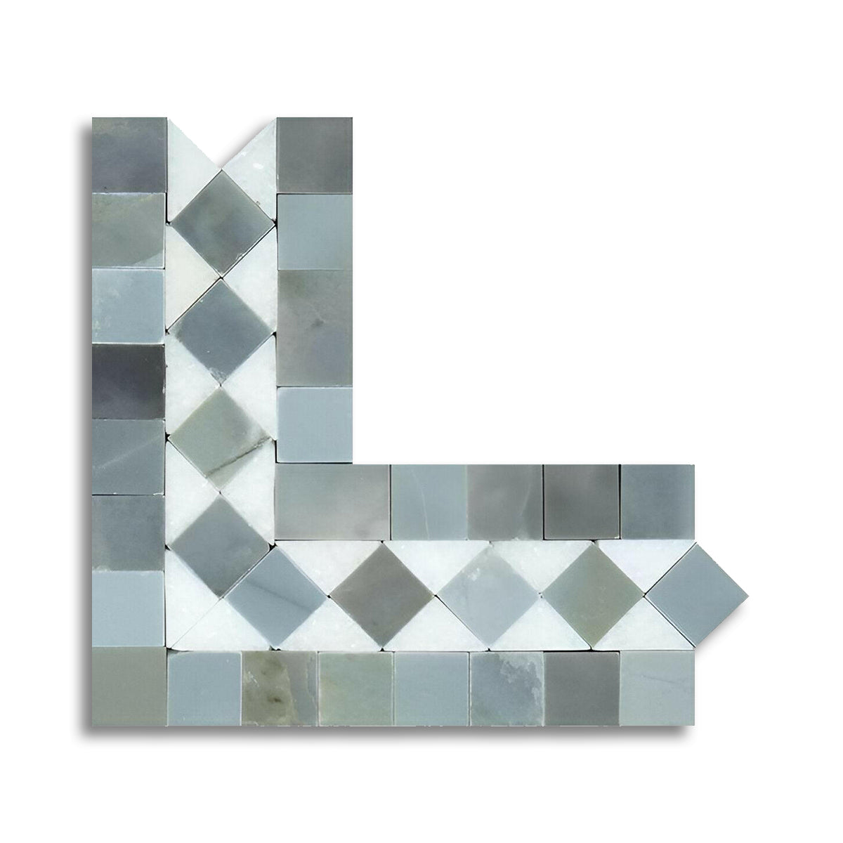 Thassos White Marble Polished BIAS Border Corner Listello w/ Blue Gray Dots