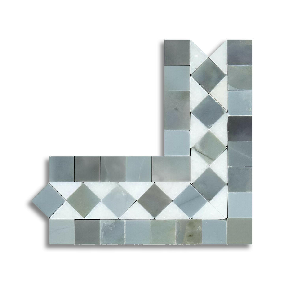 Thassos White Marble Honed BIAS Border Corner Listello w/ Blue-Gray Dots