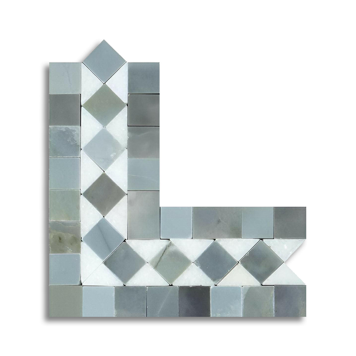 Thassos White Marble Honed BIAS Border Corner Listello w/ Blue-Gray Dots