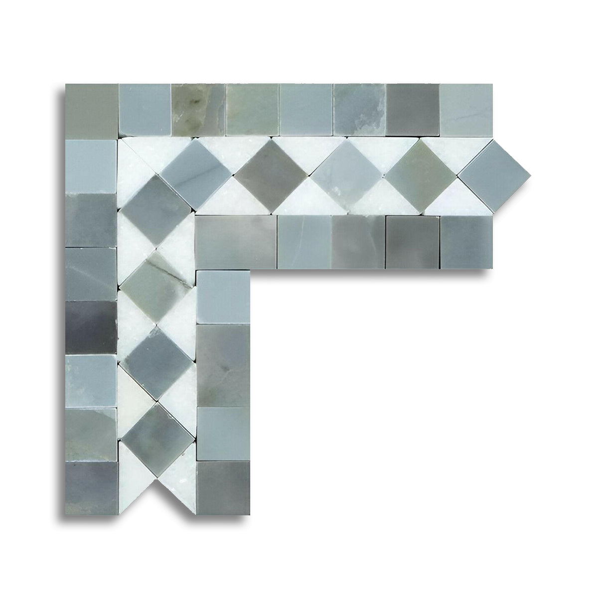 Thassos White Marble Polished BIAS Border Corner Listello w/ Blue Gray Dots