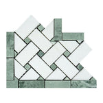 Thassos White Marble Polished Basketweave Border Corner w/ Ming-Green Dots - American Tile Depot