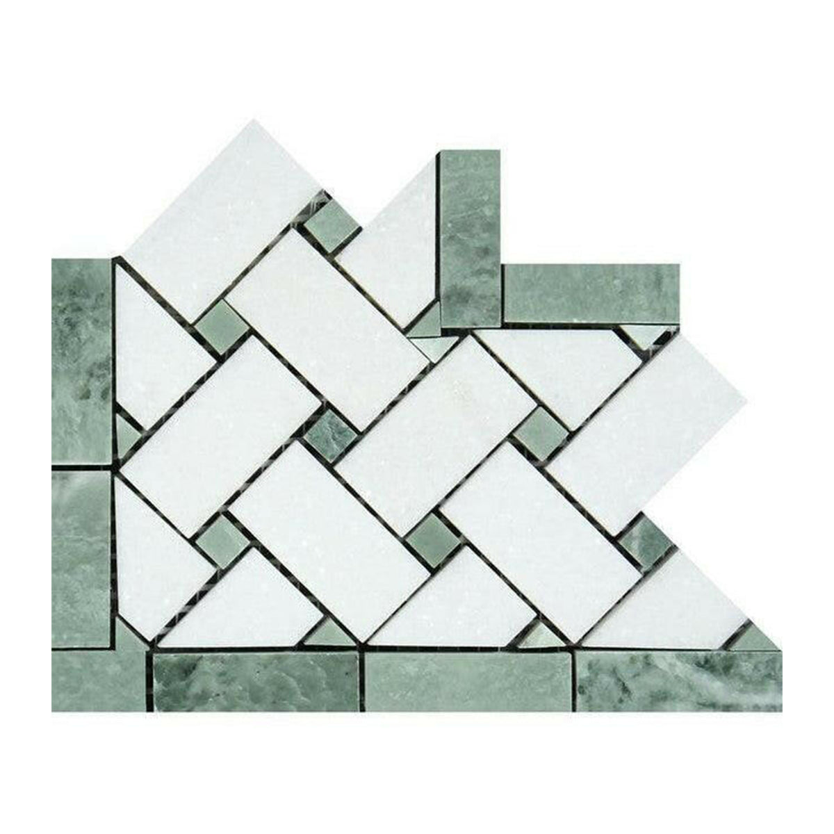 Thassos White Marble Polished Basketweave Border Corner w/ Ming-Green Dots
