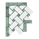 Thassos White Marble Polished Basketweave Border Corner w/ Ming-Green Dots - American Tile Depot