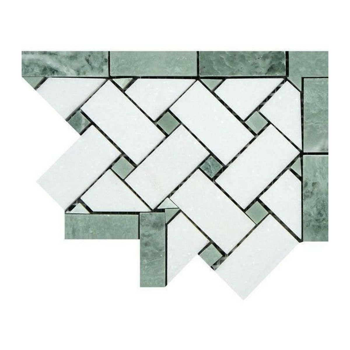 Thassos White Marble Polished Basketweave Border Corner w/ Ming-Green Dots - American Tile Depot