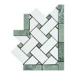 Thassos White Marble Polished Basketweave Border Corner w/ Ming-Green Dots - American Tile Depot
