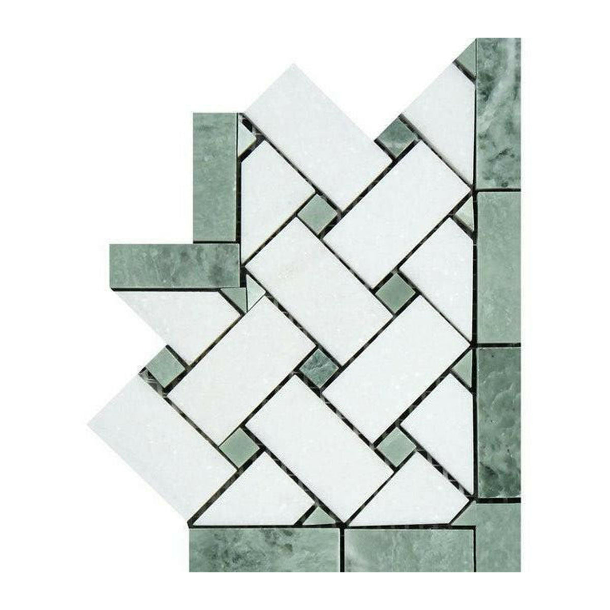 Thassos White Marble Polished Basketweave Border Corner w/ Ming-Green Dots