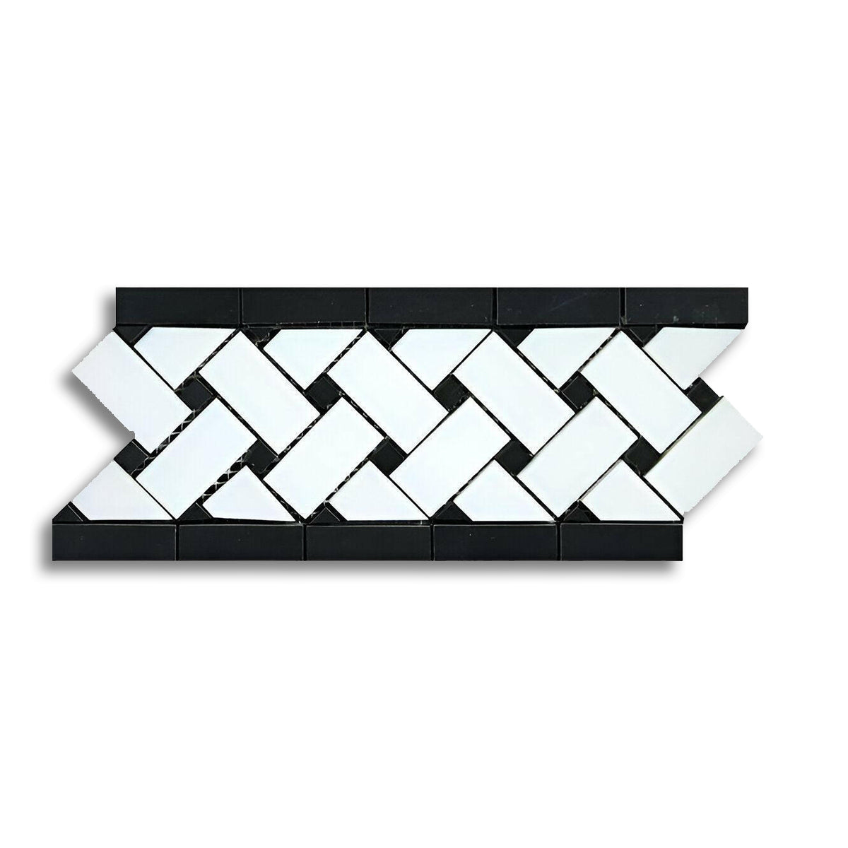 Thassos White Marble Polished Basketweave Border Listello w/ Black Dots