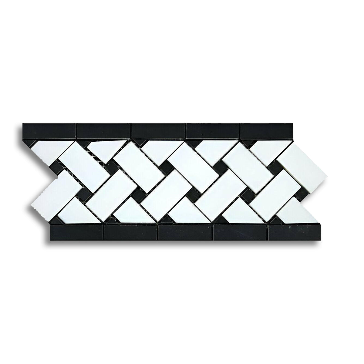 Thassos White Marble Polished Basketweave Border Listello w/ Black Dots
