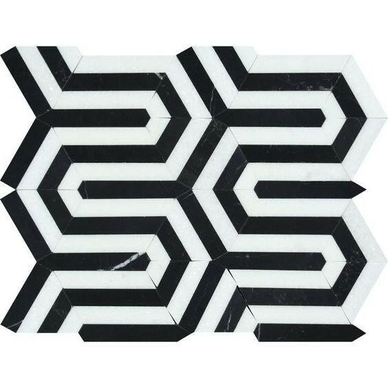 Thassos White Marble Polished Berlinetta Mosaic Tile w/ Black Strips Thassos White Marble Polished Berlinetta Mosaic Tile w/ Black Strips - American Tile Depot