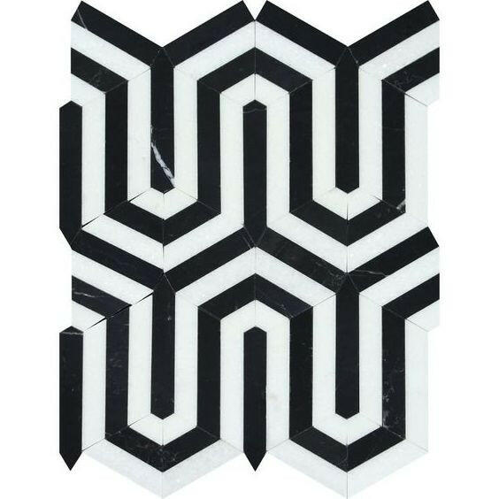 Thassos White Marble Polished Berlinetta Mosaic Tile w/ Black Strips Thassos White Marble Polished Berlinetta Mosaic Tile w/ Black Strips - American Tile Depot