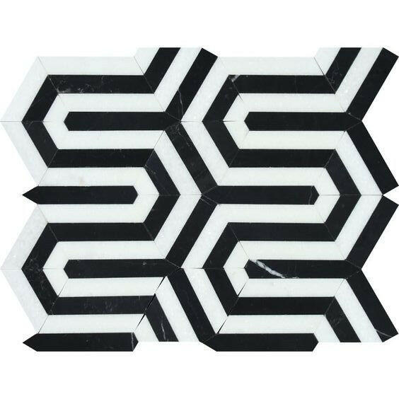 Thassos White Marble Polished Berlinetta Mosaic Tile w/ Black Strips Thassos White Marble Polished Berlinetta Mosaic Tile w/ Black Strips - American Tile Depot