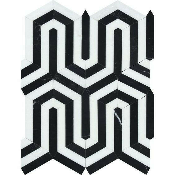 Thassos White Marble Polished Berlinetta Mosaic Tile w/ Black Strips Thassos White Marble Polished Berlinetta Mosaic Tile w/ Black Strips - American Tile Depot