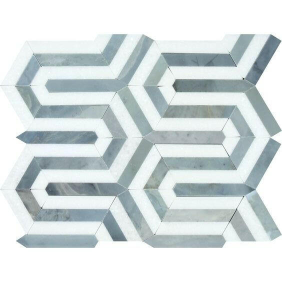 Thassos White Marble Polished Berlinetta Mosaic Tile w/ Blue-Gray Strips Thassos White Marble Polished Berlinetta Mosaic Tile w/ Blue-Gray Strips - American Tile Depot