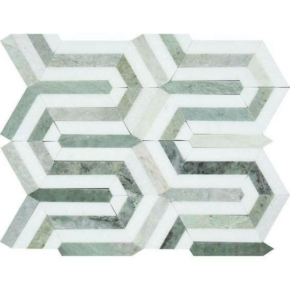 Thassos White Marble Polished Berlinetta Mosaic Tile w/ Ming-Green Strips Thassos White Marble Polished Berlinetta Mosaic Tile w/ Ming-Green Strips - American Tile Depot