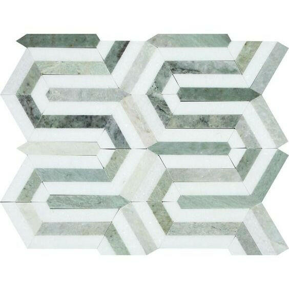 Thassos White Marble Polished Berlinetta Mosaic Tile w/ Ming-Green Strips Thassos White Marble Polished Berlinetta Mosaic Tile w/ Ming-Green Strips - American Tile Depot
