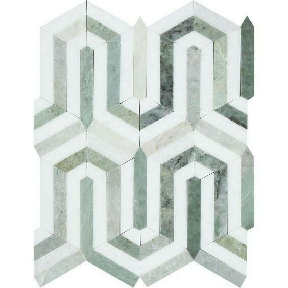 Thassos White Marble Polished Berlinetta Mosaic Tile w/ Ming-Green Strips Thassos White Marble Polished Berlinetta Mosaic Tile w/ Ming-Green Strips - American Tile Depot