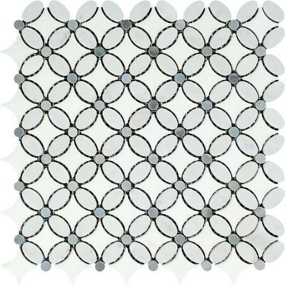 Thassos White Marble Polished Florida Flower Mosaic Tile (Thassos + White Carrara + Blue-Gray) Thassos White Marble Polished Florida Flower Mosaic Tile (Thassos + White Carrara + Blue-Gray) - American Tile Depot