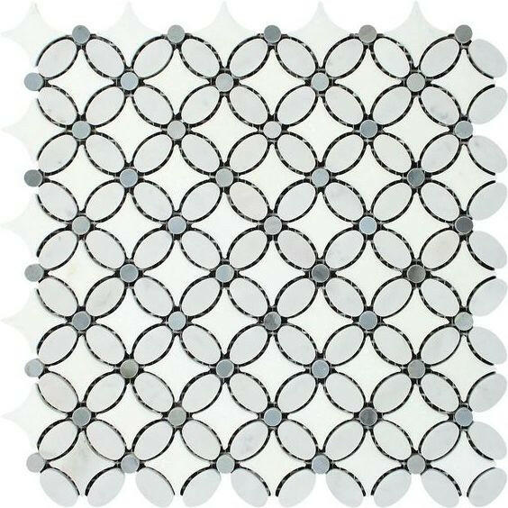 Thassos White Marble Polished Florida Flower Mosaic Tile (Thassos + White Carrara + Blue-Gray) Thassos White Marble Polished Florida Flower Mosaic Tile (Thassos + White Carrara + Blue-Gray) - American Tile Depot