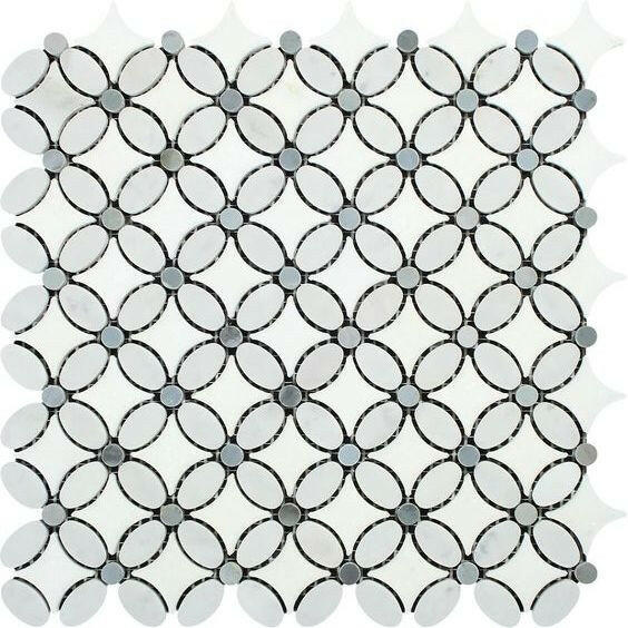 Thassos White Marble Polished Florida Flower Mosaic Tile (Thassos + White Carrara + Blue-Gray) Thassos White Marble Polished Florida Flower Mosaic Tile (Thassos + White Carrara + Blue-Gray) - American Tile Depot