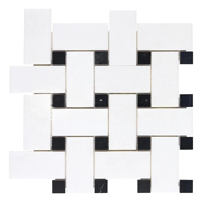 Thassos White Marble Polished Large Basketweave Mosaic Tile w/ Black Dots Thassos White Marble Polished Large Basketweave Mosaic Tile w/ Black Dots - American Tile Depot