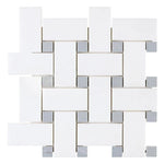 Thassos White Marble Polished Large Basketweave Mosaic Tile w/ Blue-Gray Dots Thassos White Marble Polished Large Basketweave Mosaic Tile w/ Blue-Gray Dots - American Tile Depot