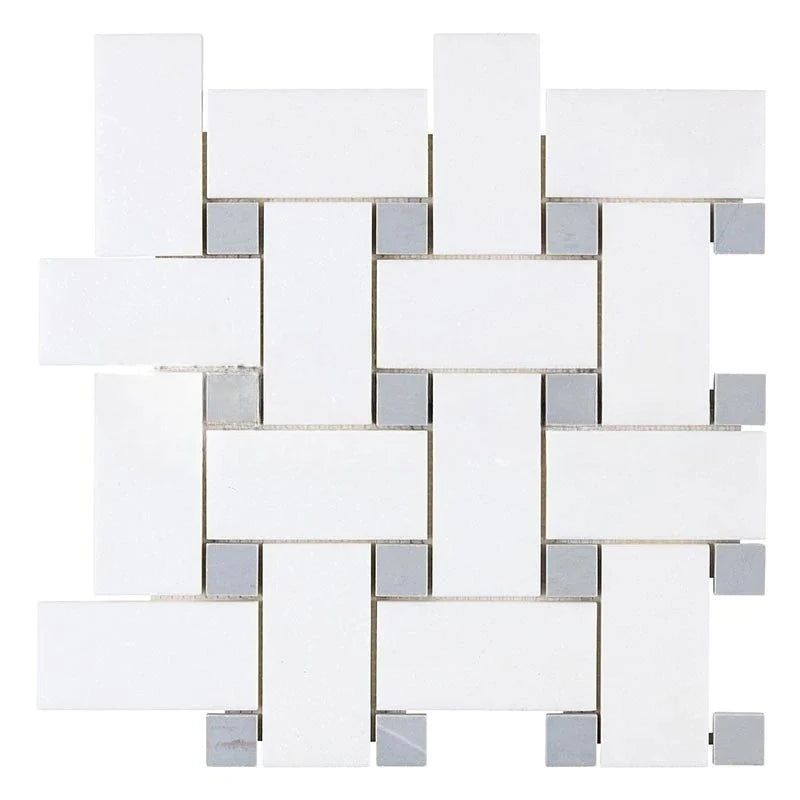 Thassos White Marble Polished Large Basketweave Mosaic Tile w/ Blue-Gray Dots Thassos White Marble Polished Large Basketweave Mosaic Tile w/ Blue-Gray Dots - American Tile Depot