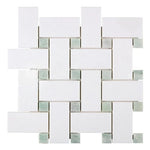Thassos White Marble Polished Large Basketweave Mosaic Tile w/ Ming Green Dots Thassos White Marble Polished Large Basketweave Mosaic Tile w/ Ming Green Dots - American Tile Depot