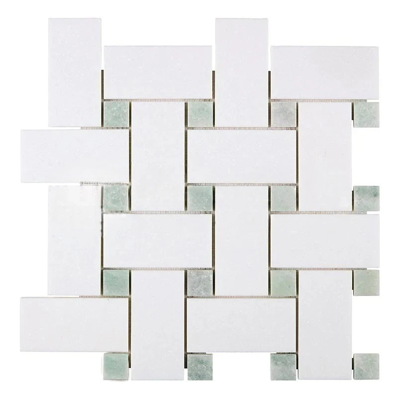 Thassos White Marble Polished Large Basketweave Mosaic Tile w/ Ming Green Dots Thassos White Marble Polished Large Basketweave Mosaic Tile w/ Ming Green Dots - American Tile Depot