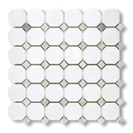 Thassos White Marble Polished Octagon Mosaic Tile w/ Ming Green Dots - American Tile Depot