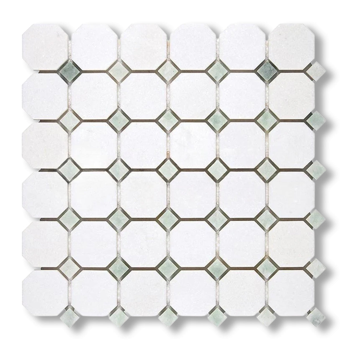 Thassos White Marble Honed Octagon Mosaic Tile w/ Ming Green Dots - American Tile Depot