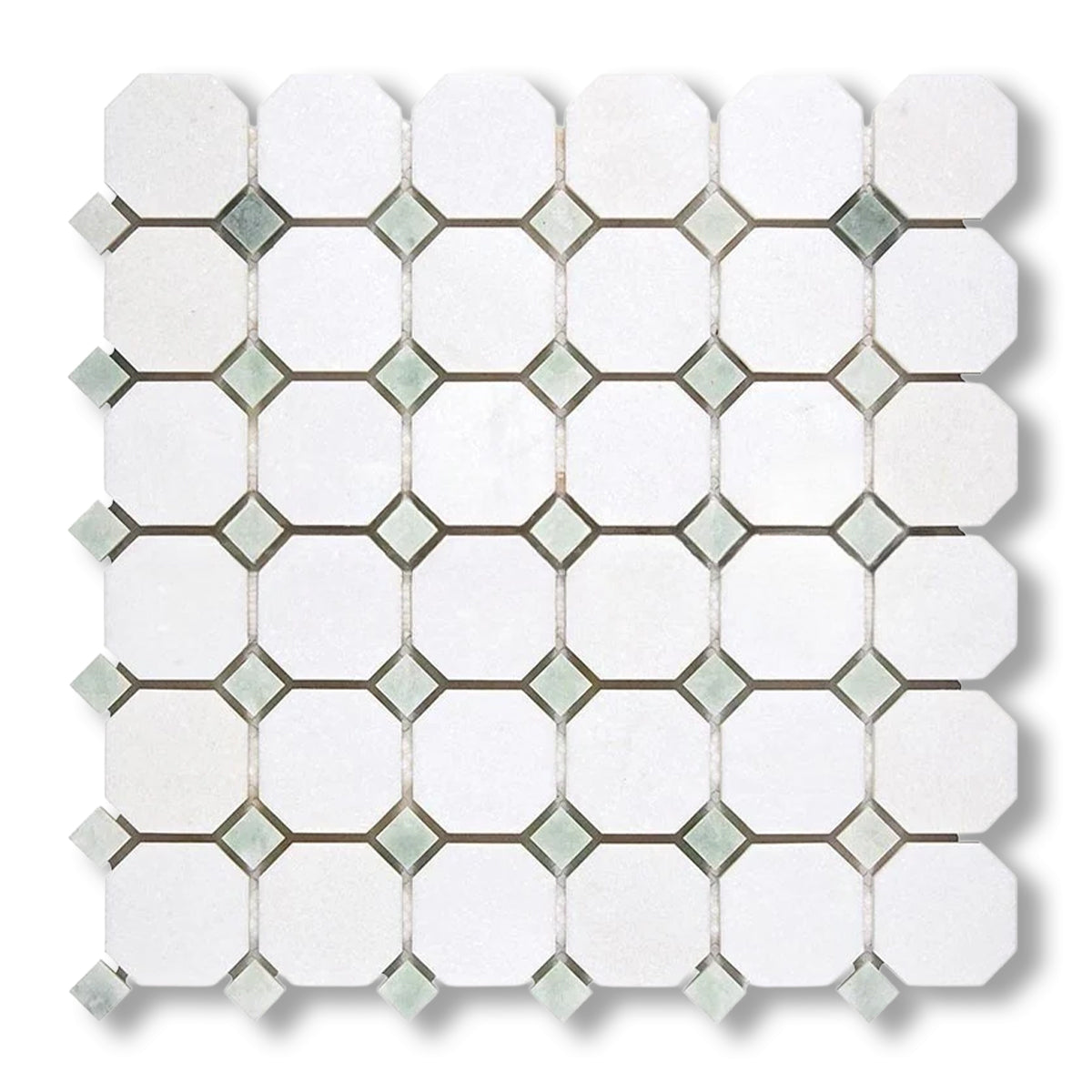 Thassos White Marble Polished Octagon Mosaic Tile w/ Ming Green Dots - American Tile Depot