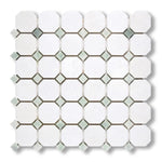 Thassos White Marble Honed Octagon Mosaic Tile w/ Ming Green Dots - American Tile Depot