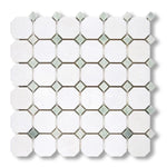 Thassos White Marble Polished Octagon Mosaic Tile w/ Ming Green Dots - American Tile Depot