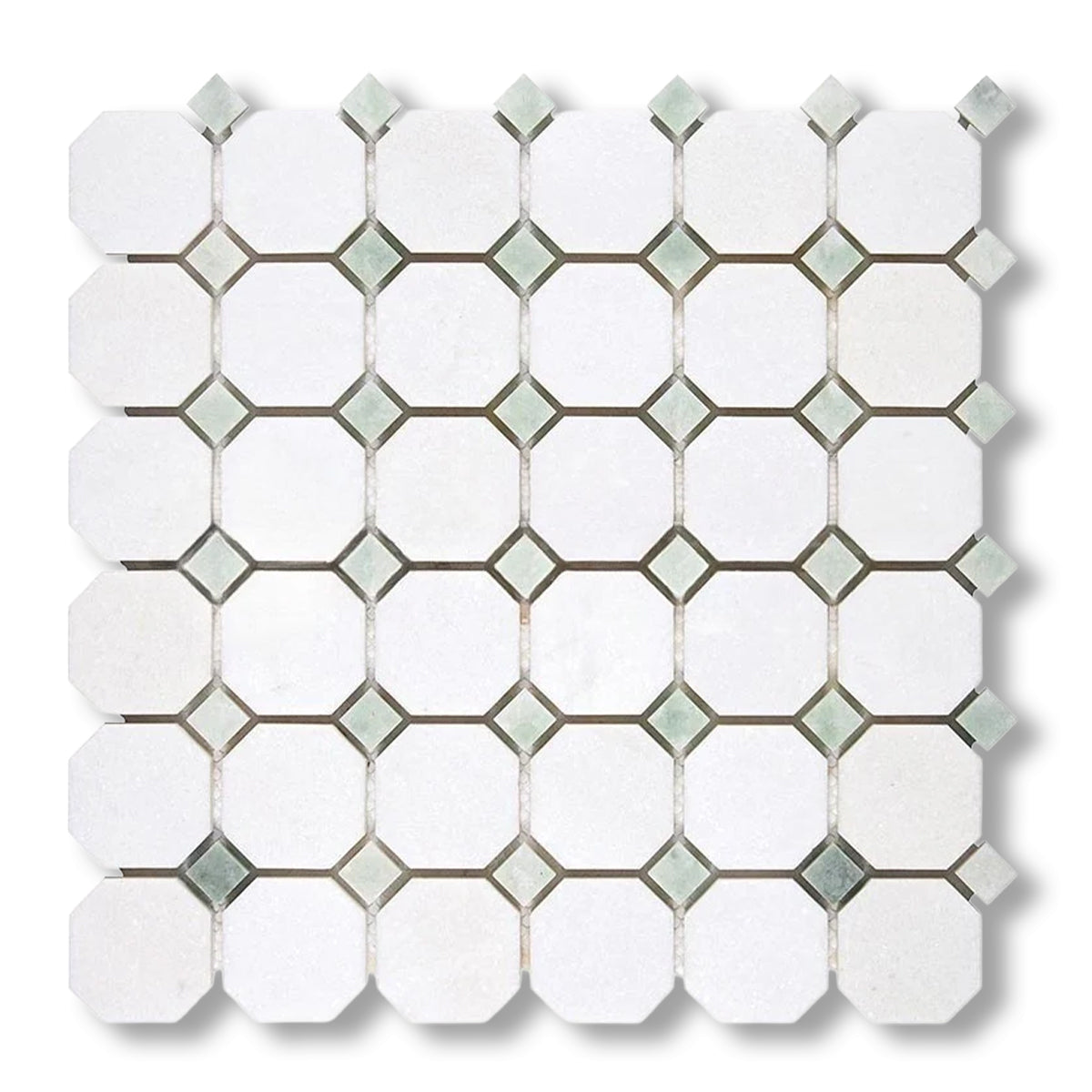 Thassos White Marble Honed Octagon Mosaic Tile w/ Ming Green Dots - American Tile Depot