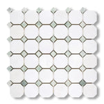Thassos White Marble Polished Octagon Mosaic Tile w/ Ming Green Dots - American Tile Depot