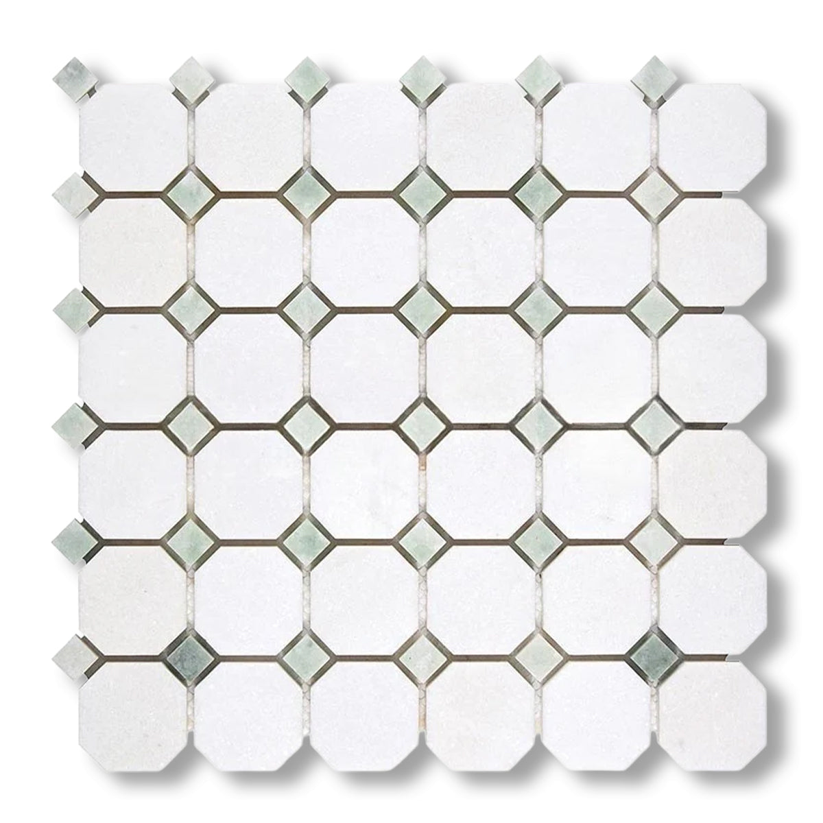 Thassos White Marble Polished Octagon Mosaic Tile w/ Ming Green Dots - American Tile Depot