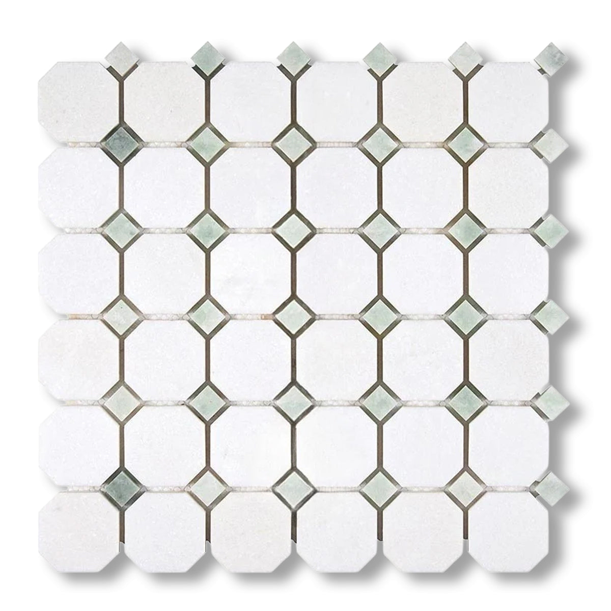 Thassos White Marble Polished Octagon Mosaic Tile w/ Ming Green Dots - American Tile Depot