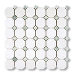 Thassos White Marble Honed Octagon Mosaic Tile w/ Ming Green Dots - American Tile Depot