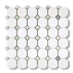 Thassos White Marble Polished Octagon Mosaic Tile w/ Ming Green Dots - American Tile Depot
