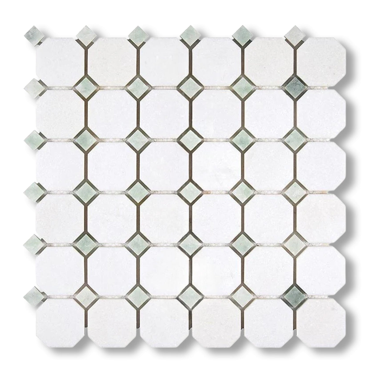 Thassos White Marble Polished Octagon Mosaic Tile w/ Ming Green Dots - American Tile Depot