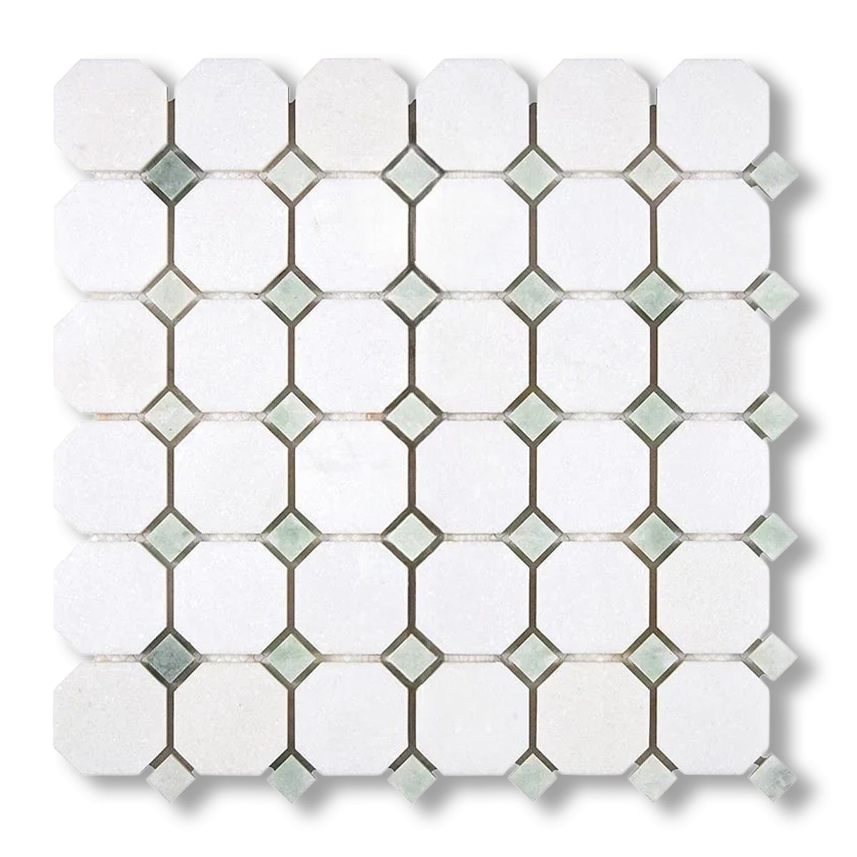 Thassos White Marble Polished Octagon Mosaic Tile w/ Ming Green Dots - American Tile Depot