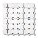 Thassos White Marble Honed Octagon Mosaic Tile w/ Ming Green Dots - American Tile Depot
