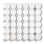 Thassos White Marble Polished Octagon Mosaic Tile w/ Ming Green Dots - American Tile Depot