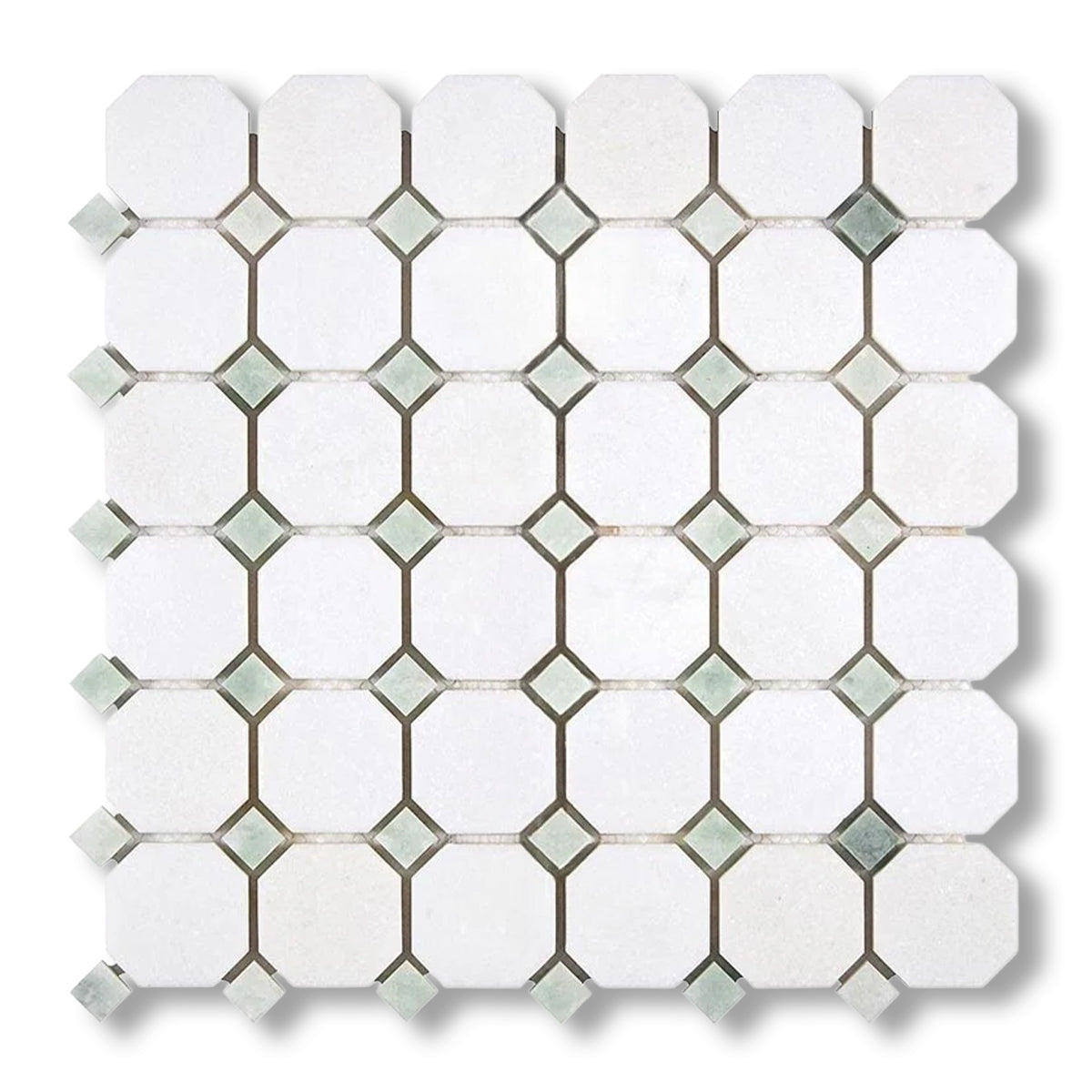 Thassos White Marble Polished Octagon Mosaic Tile w/ Ming Green Dots - American Tile Depot