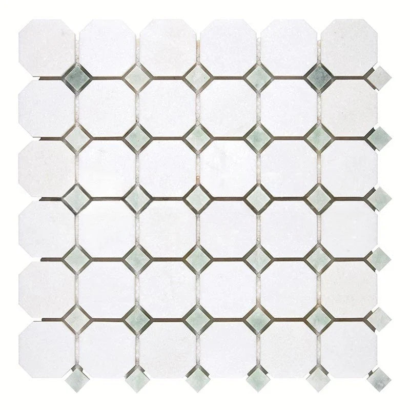 Thassos White Marble Polished Octagon Mosaic Tile w/ Ming Green Dots Thassos White Marble Polished Octagon Mosaic Tile w/ Ming Green Dots - American Tile Depot