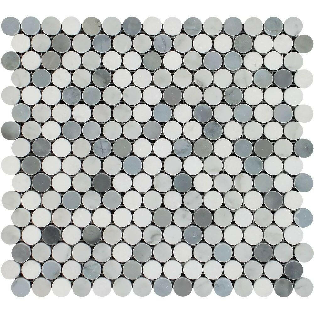Thassos White Marble Polished Penny Round Mosaic Tile (Thassos + Carrara + Blue-Gray) Thassos White Marble Polished Penny Round Mosaic Tile (Thassos + Carrara + Blue-Gray) - American Tile Depot