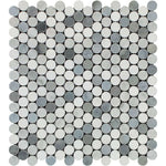Thassos White Marble Polished Penny Round Mosaic Tile (Thassos + Carrara + Blue-Gray) Thassos White Marble Polished Penny Round Mosaic Tile (Thassos + Carrara + Blue-Gray) - American Tile Depot