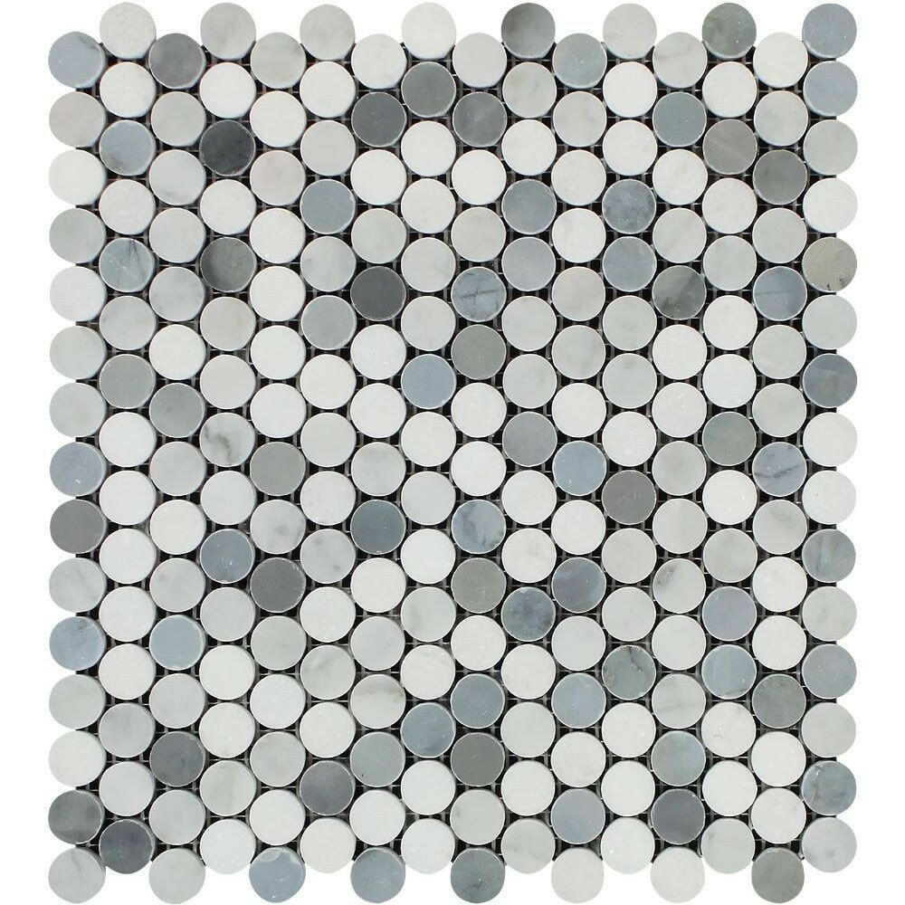 Thassos White Marble Polished Penny Round Mosaic Tile (Thassos + Carrara + Blue-Gray) Thassos White Marble Polished Penny Round Mosaic Tile (Thassos + Carrara + Blue-Gray) - American Tile Depot