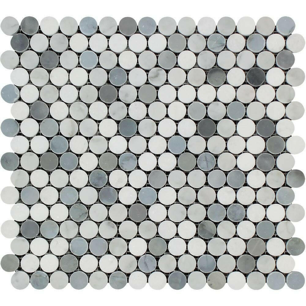 Thassos White Marble Polished Penny Round Mosaic Tile (Thassos + Carrara + Blue-Gray) Thassos White Marble Polished Penny Round Mosaic Tile (Thassos + Carrara + Blue-Gray) - American Tile Depot