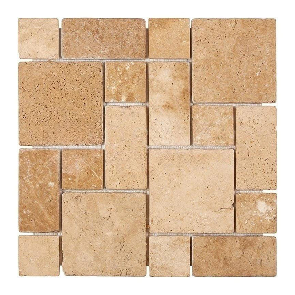 Walnut Travertine 3-Pieced Mini-Pattern Tumbled Mosaic Tile